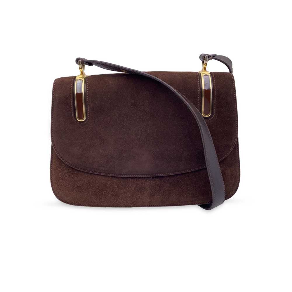 GUCCI Vintage Brown Suede Flap Enamel Shoulder Bag - image 1