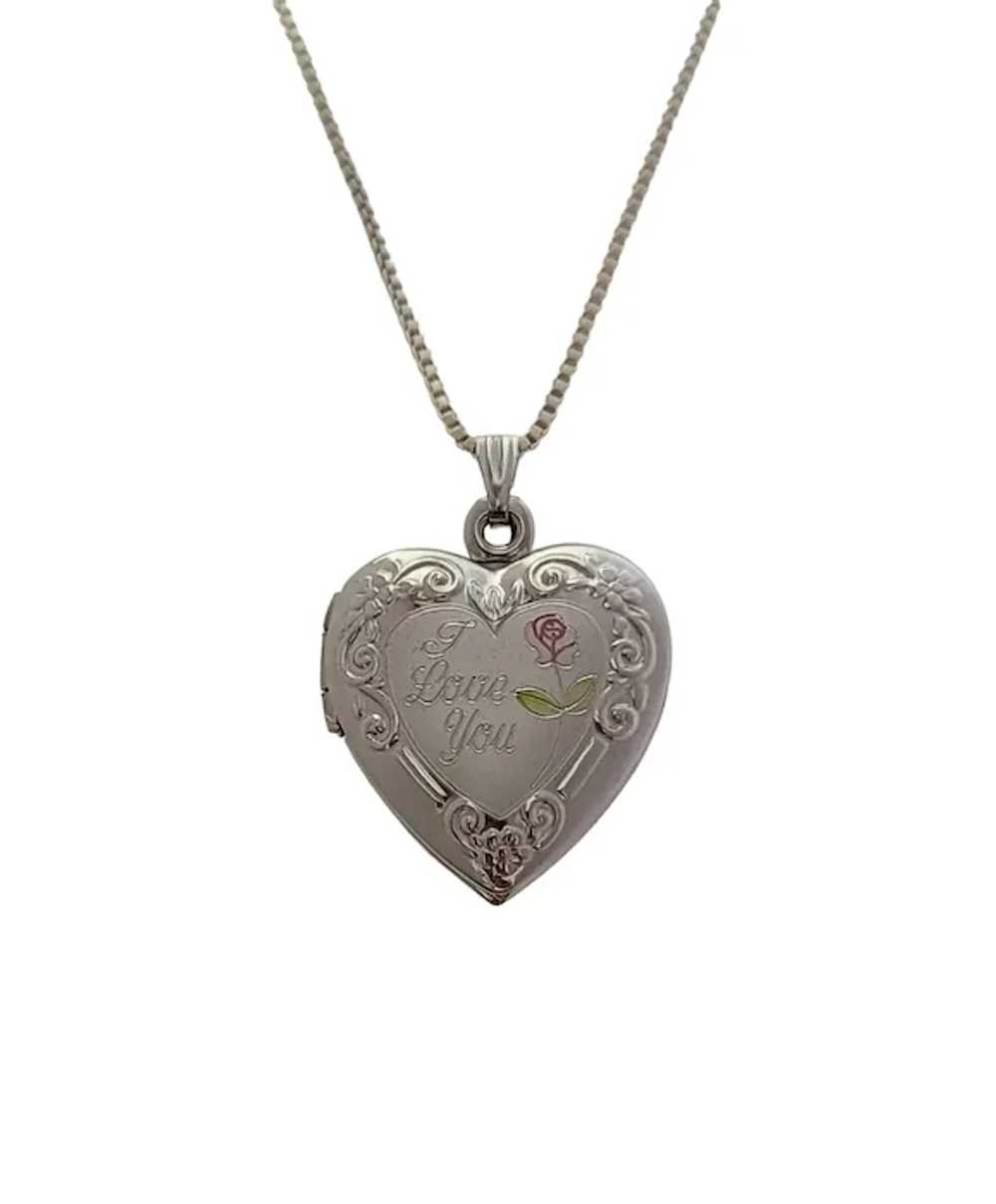 Sterling Silver I LOVE YOU Pink Rose Heart Locket… - image 2