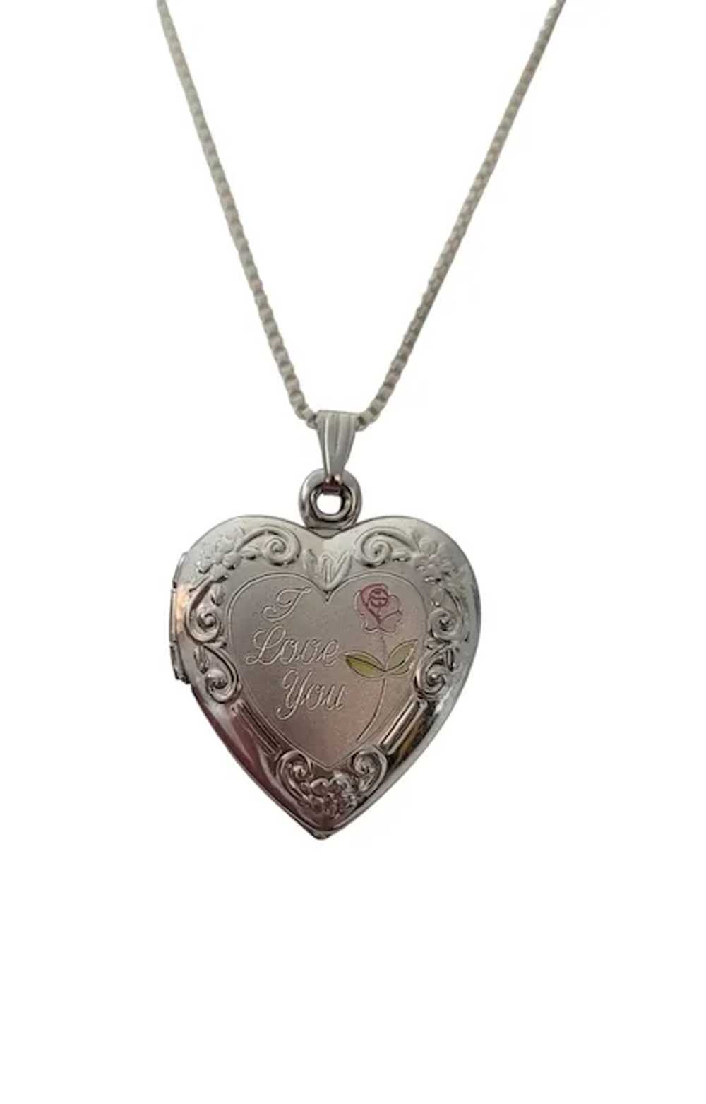 Sterling Silver I LOVE YOU Pink Rose Heart Locket… - image 3