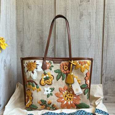 Tory Burch Perry Floral Embroidered Straw Tote