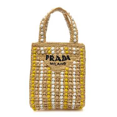 PRADA Raffia Embroidered Wood Beaded Logo Tote Bag