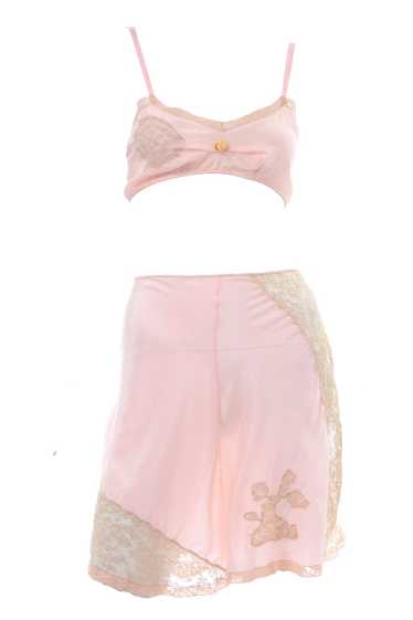 1930's Pink Silk Bra & Tap Pants Set w/ Lace Deta… - image 1