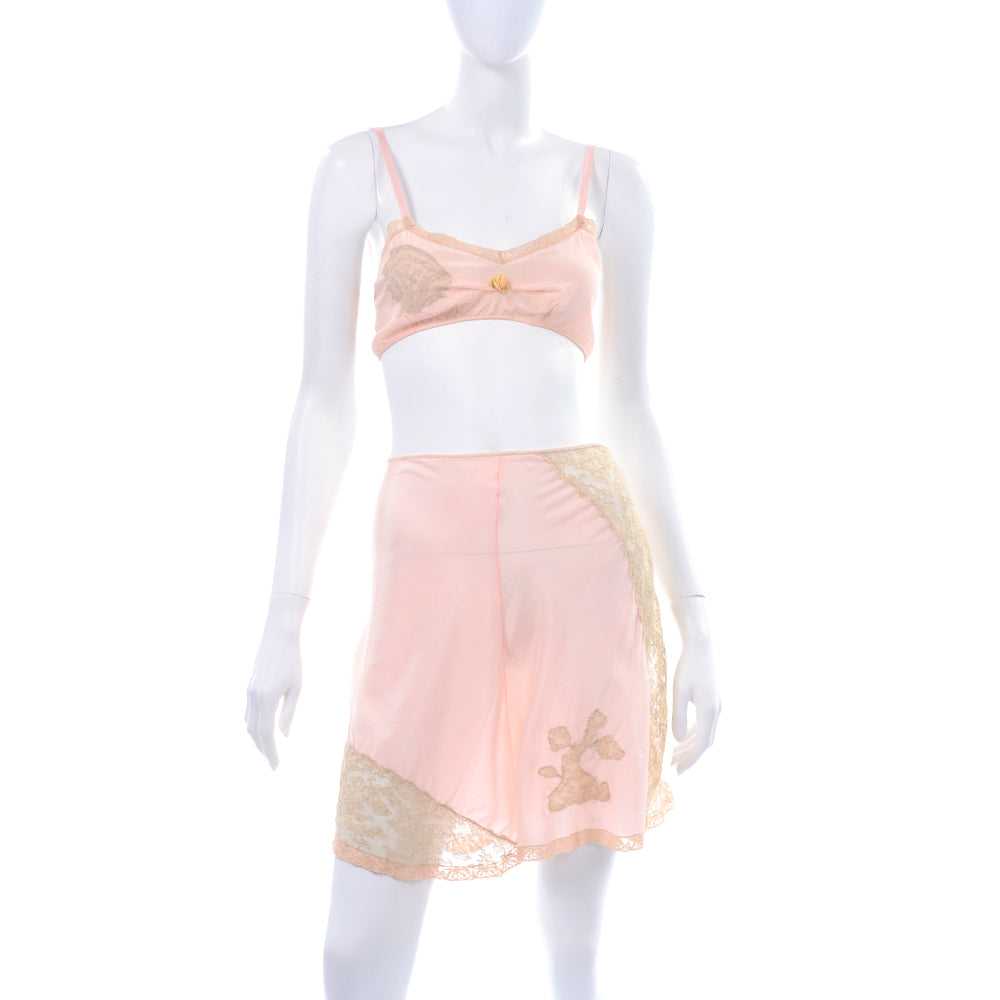 1930's Pink Silk Bra & Tap Pants Set w/ Lace Deta… - image 2