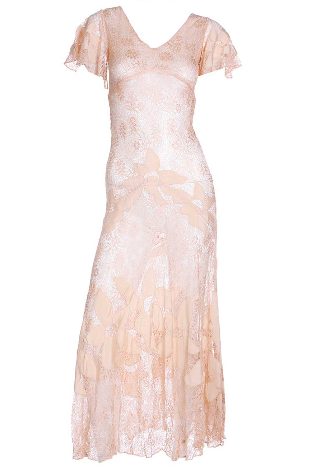 1930s Peach Lace Vintage Dress w/ Silk Floral App… - image 1