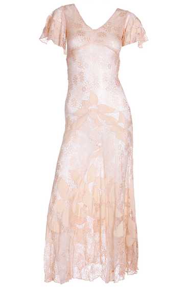 1930s Peach Lace Vintage Dress w/ Silk Floral Appl