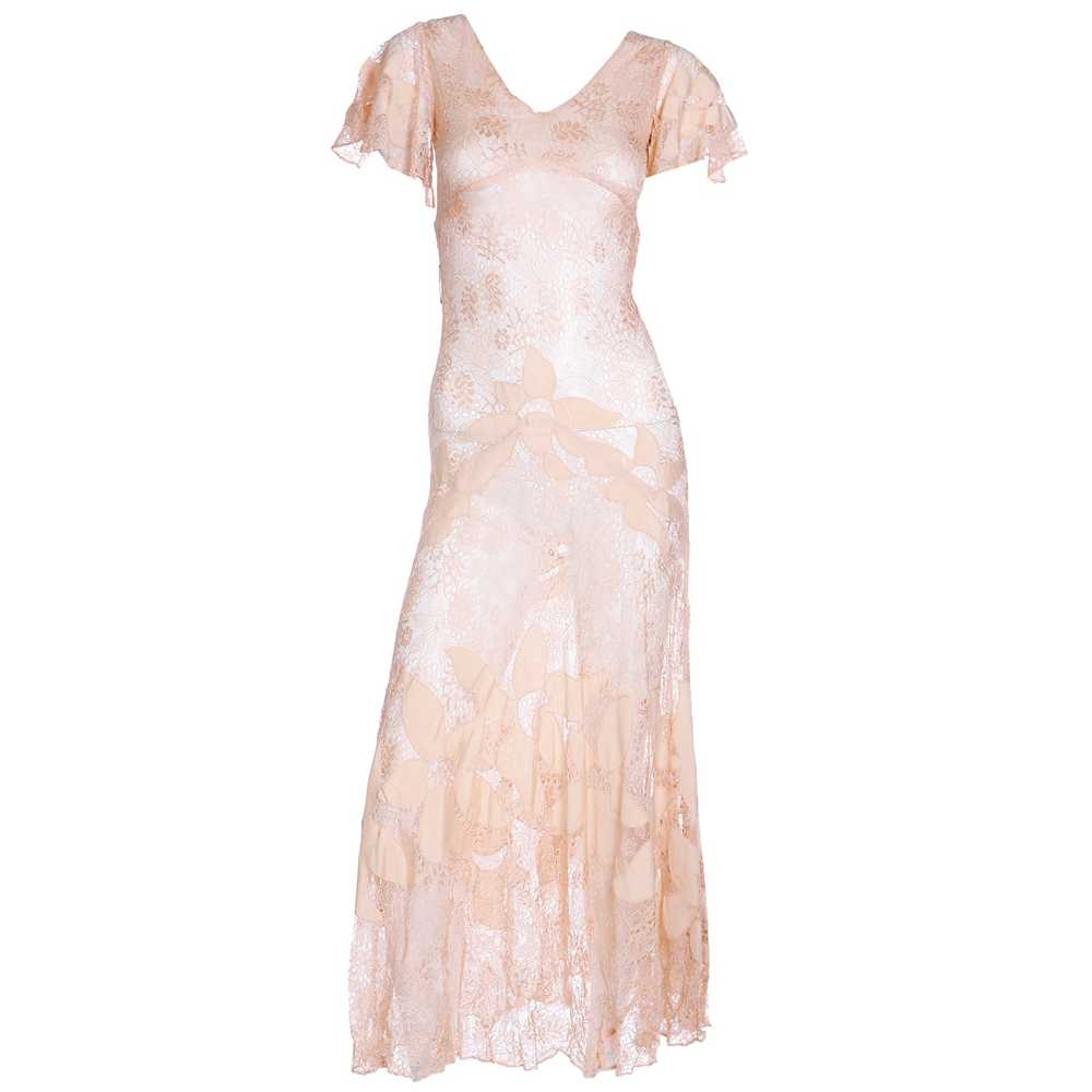 1930s Peach Lace Vintage Dress w/ Silk Floral App… - image 7