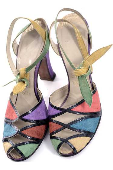 1940's Multi-Colored Peep Toe Shoes Rare Silk Ankl