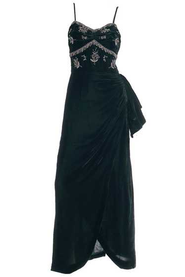 1940s Dark Green Velvet Beaded Evening Dress With 