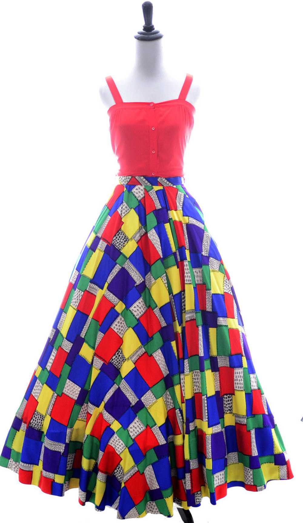 1940s Satin Patchwork Print Designer Full Skirt - image 2