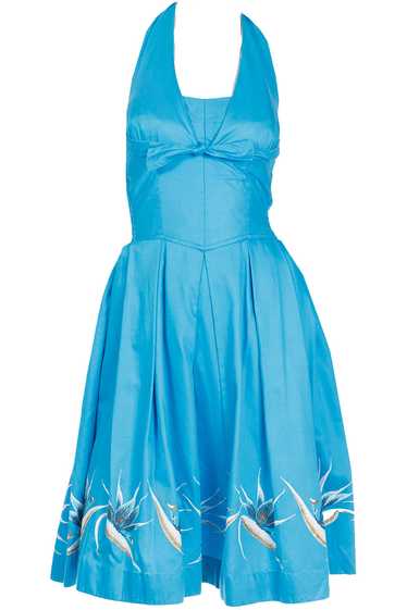 1950s Alfred Shaheen Blue Halter Dress w Birds of 