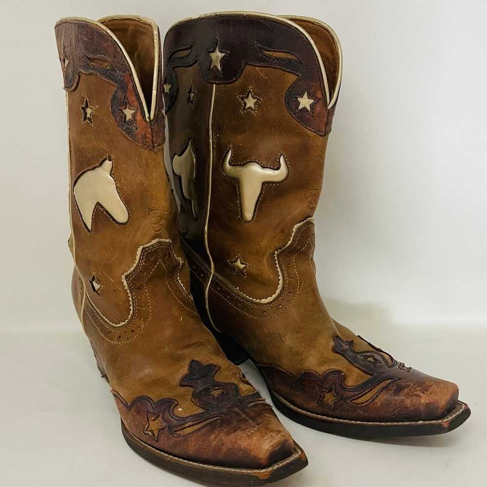 Vintage Ladies Ariat Cowboy Boots Distressed Leat… - image 1