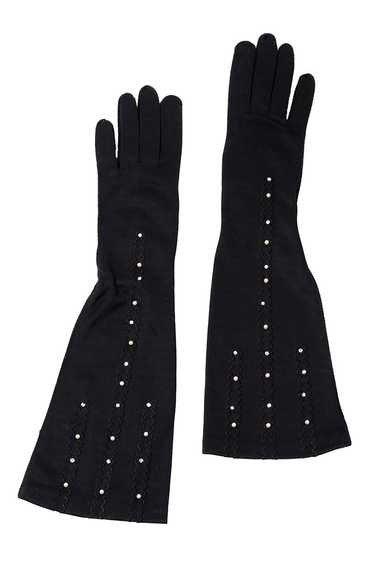 1950s Lady Gay Long Black Gloves w/ Pearls & Rhin… - image 1