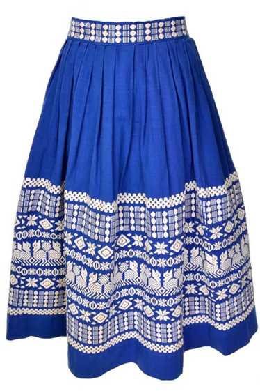 1950s Pelux Vintage Folk Embroidered Blue Skirt Ha