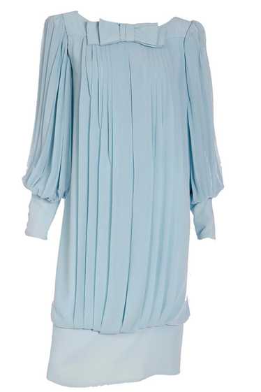 1960s Blue Silk Chiffon Pleated Draped Dress With 