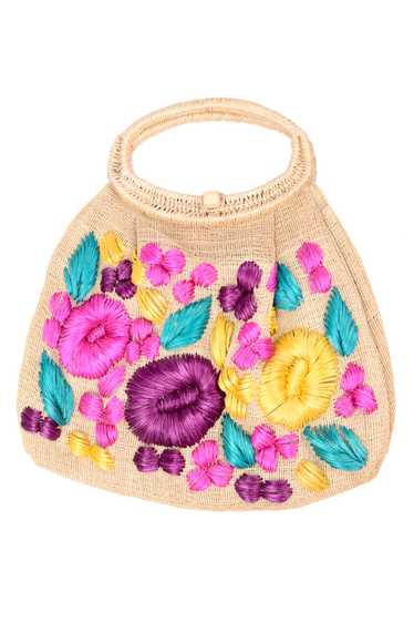1960s Burlap Top Handle Handbag w/ Colorful Flora… - image 1