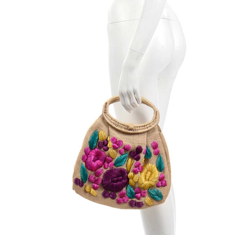 1960s Burlap Top Handle Handbag w/ Colorful Flora… - image 2
