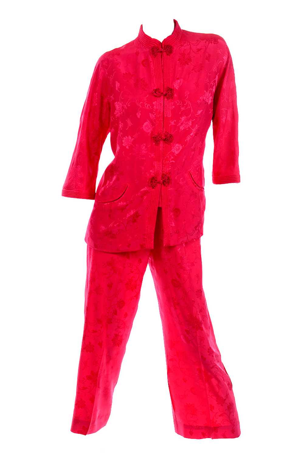 1960s Dynasty Red Silk Floral Pajamas - image 1