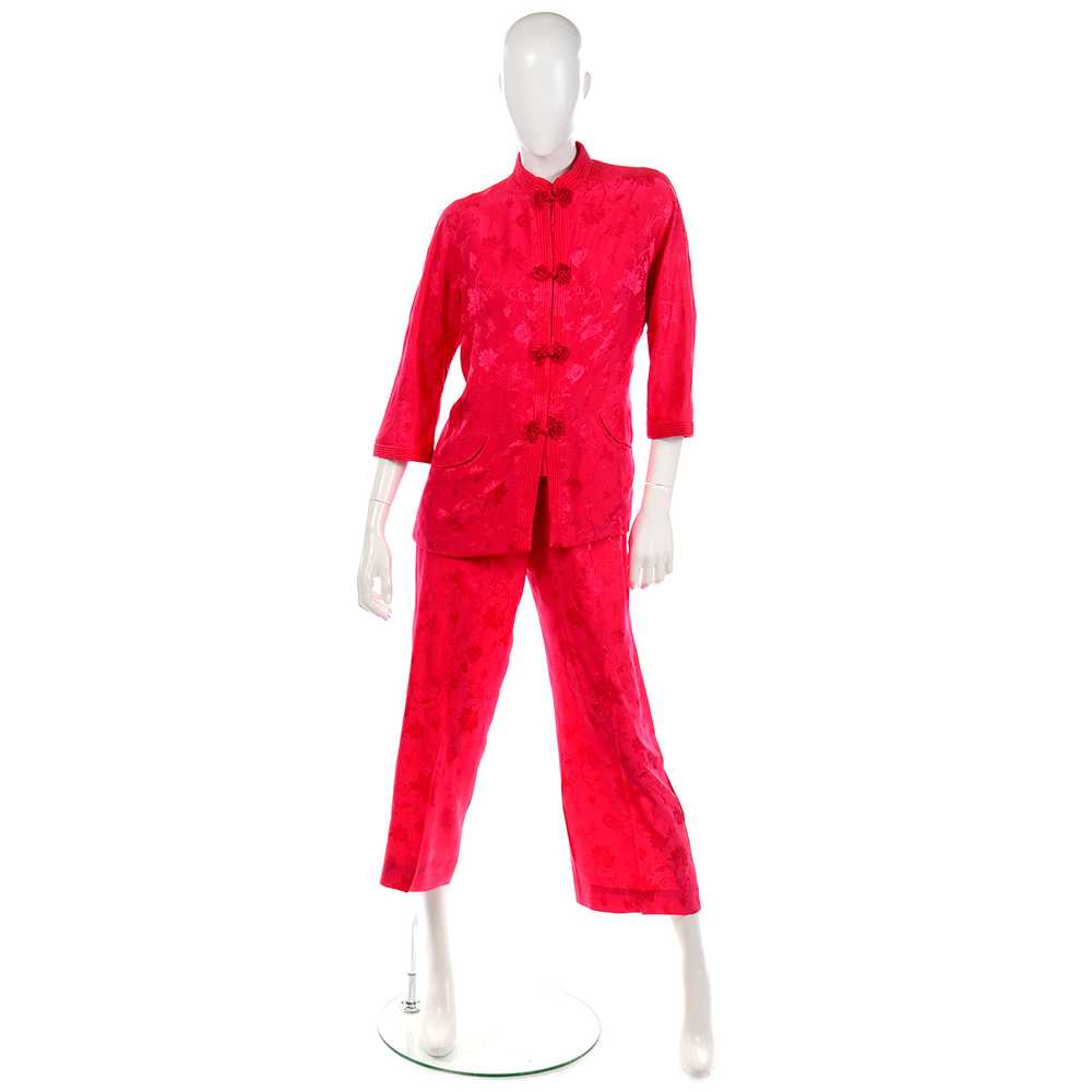 1960s Dynasty Red Silk Floral Pajamas - image 2