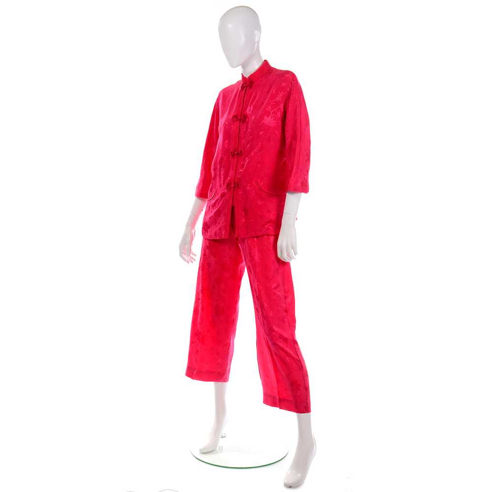 1960s Dynasty Red Silk Floral Pajamas - image 3