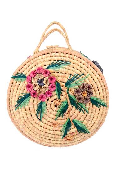 1960s Large Round Straw Handbag w/ Tropical Floral