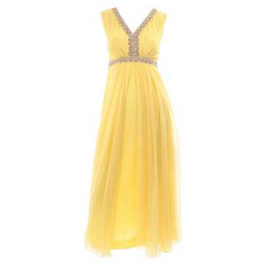 1960s Lemon Yellow Silk Chiffon Evening Dress w/ … - image 1
