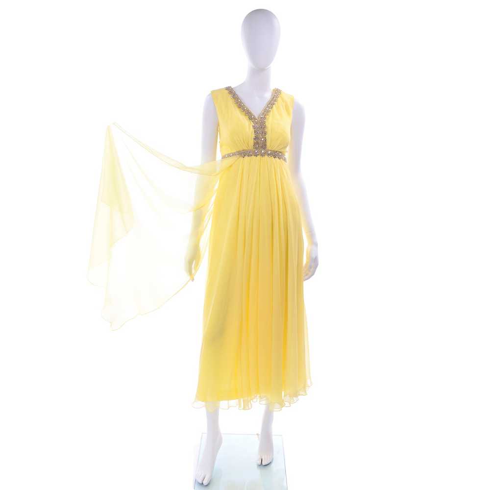 1960s Lemon Yellow Silk Chiffon Evening Dress w/ … - image 2