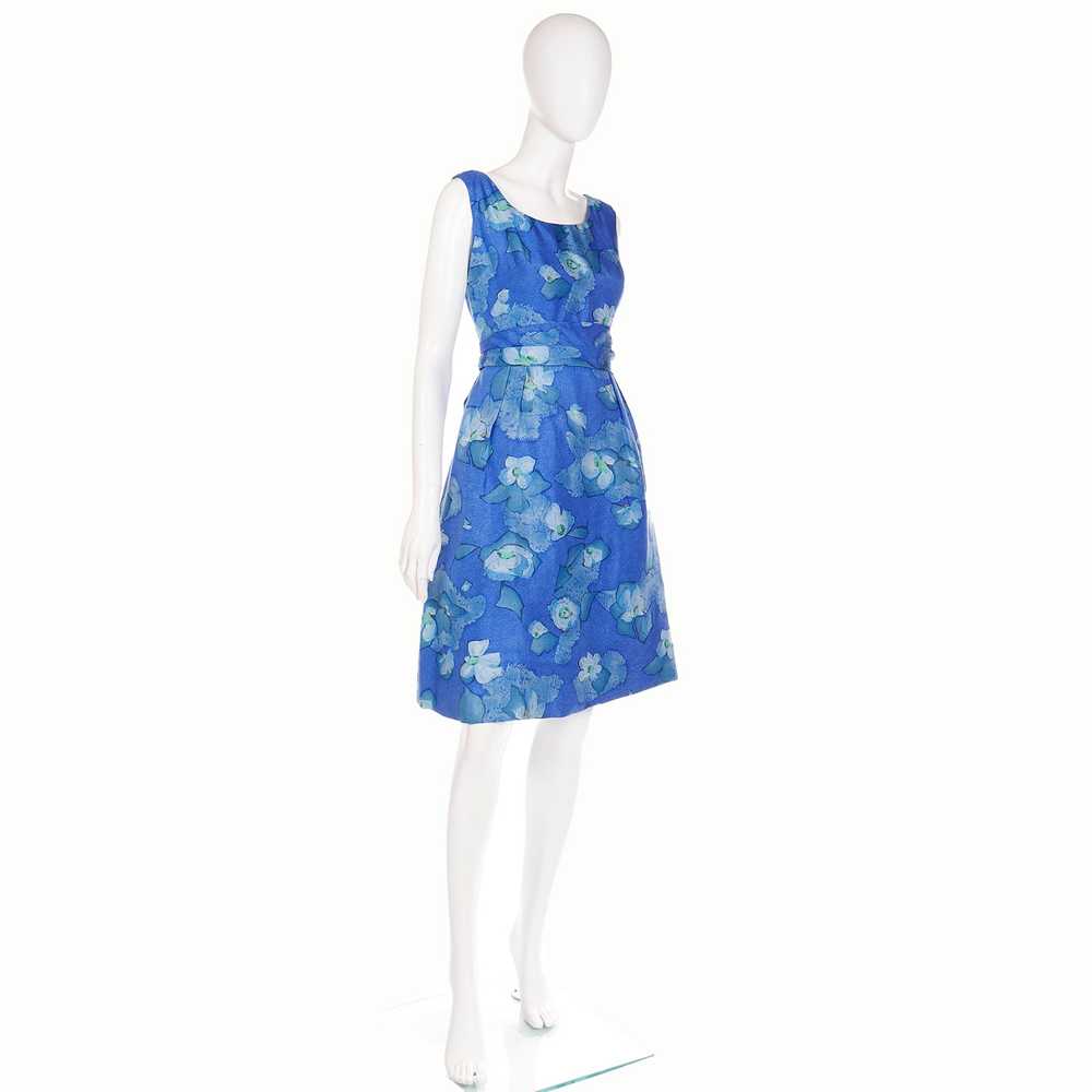 1960s Miss Bergdorf Vintage Blue Floral Sleeveles… - image 3