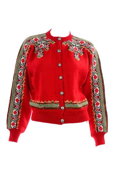 1960s Scandinavian Red Wool Cardigan Sweater Size 