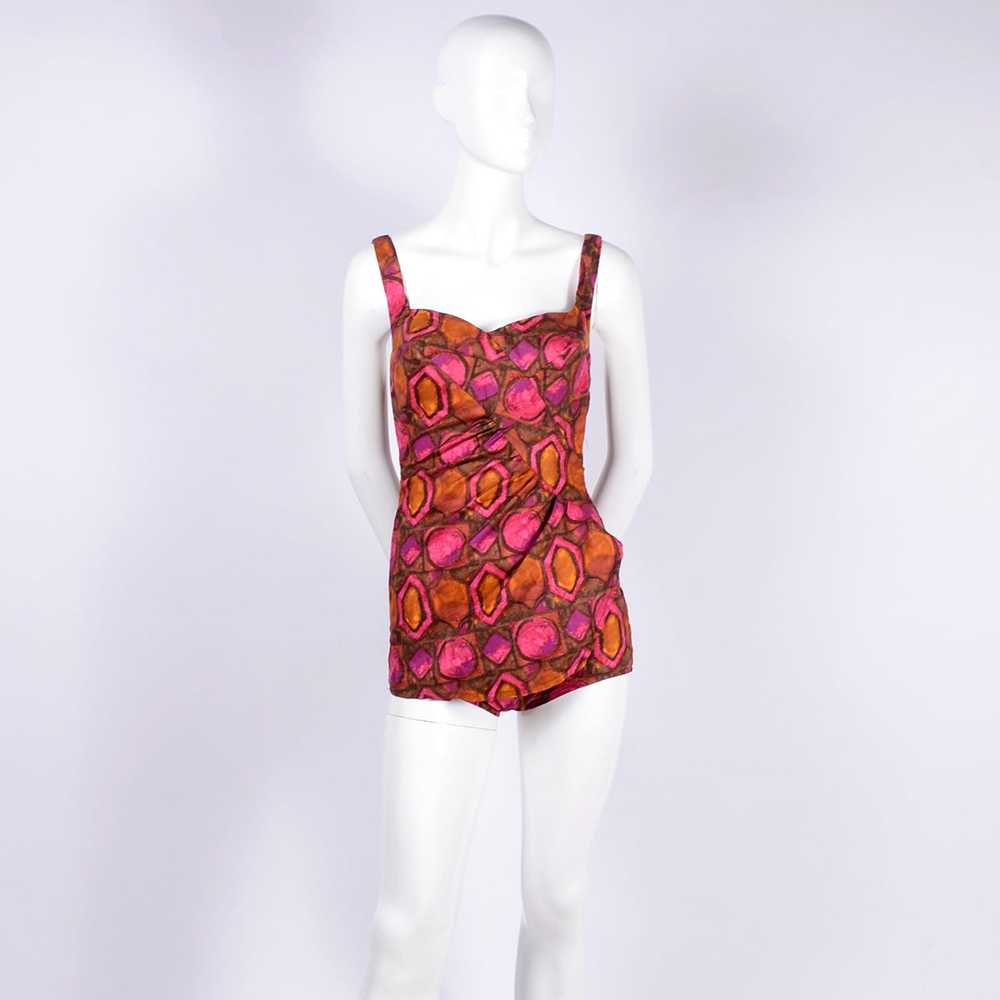 1960s Skylar Pink & Brown Abstract One Piece Swim… - image 10