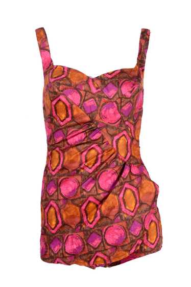 1960s Skylar Pink & Brown Abstract One Piece Swim… - image 1