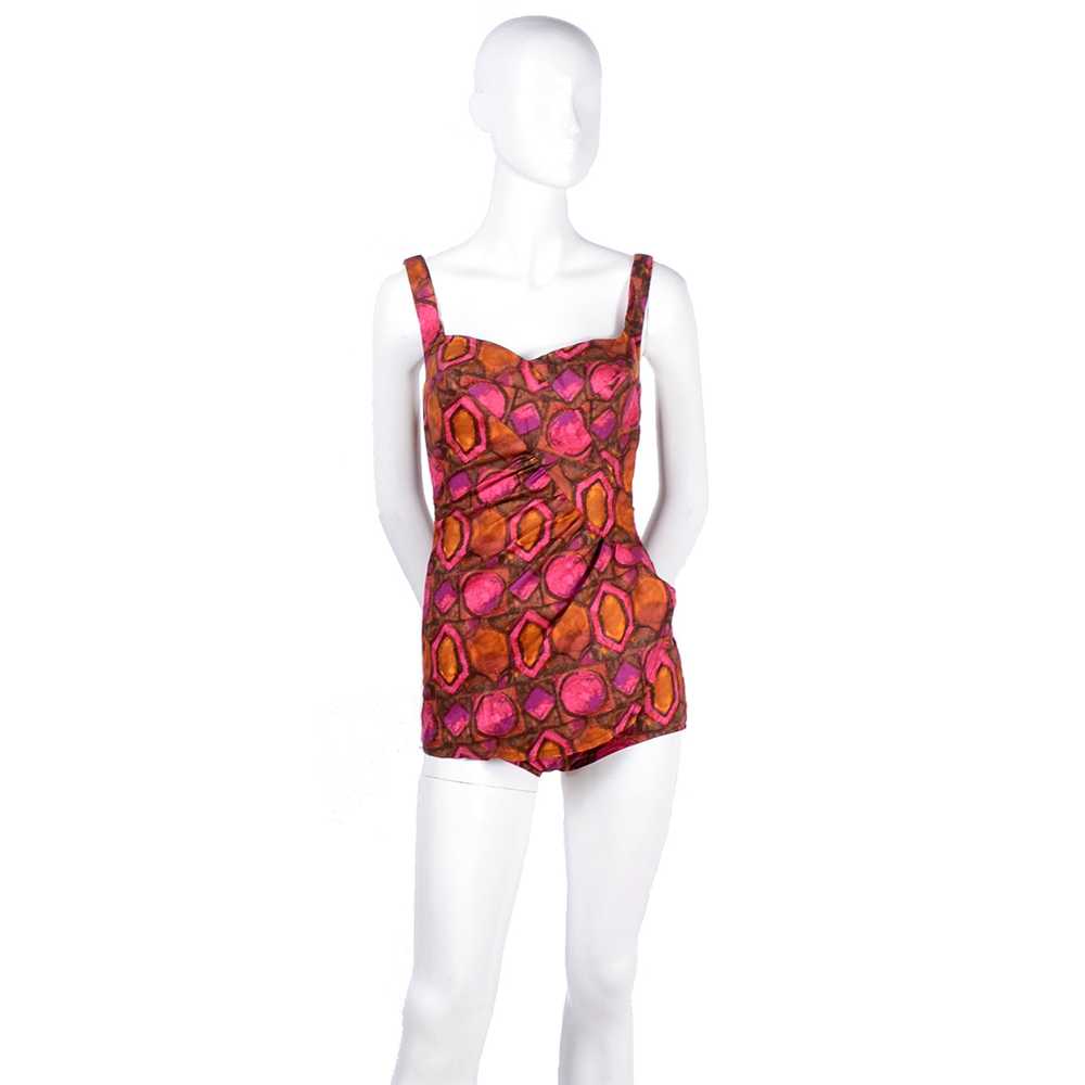 1960s Skylar Pink & Brown Abstract One Piece Swim… - image 2