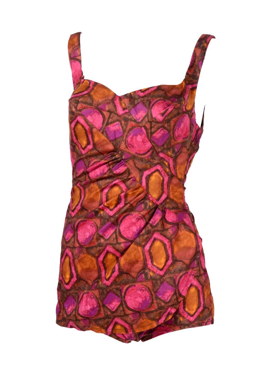 1960s Skylar Pink & Brown Abstract One Piece Swim… - image 3
