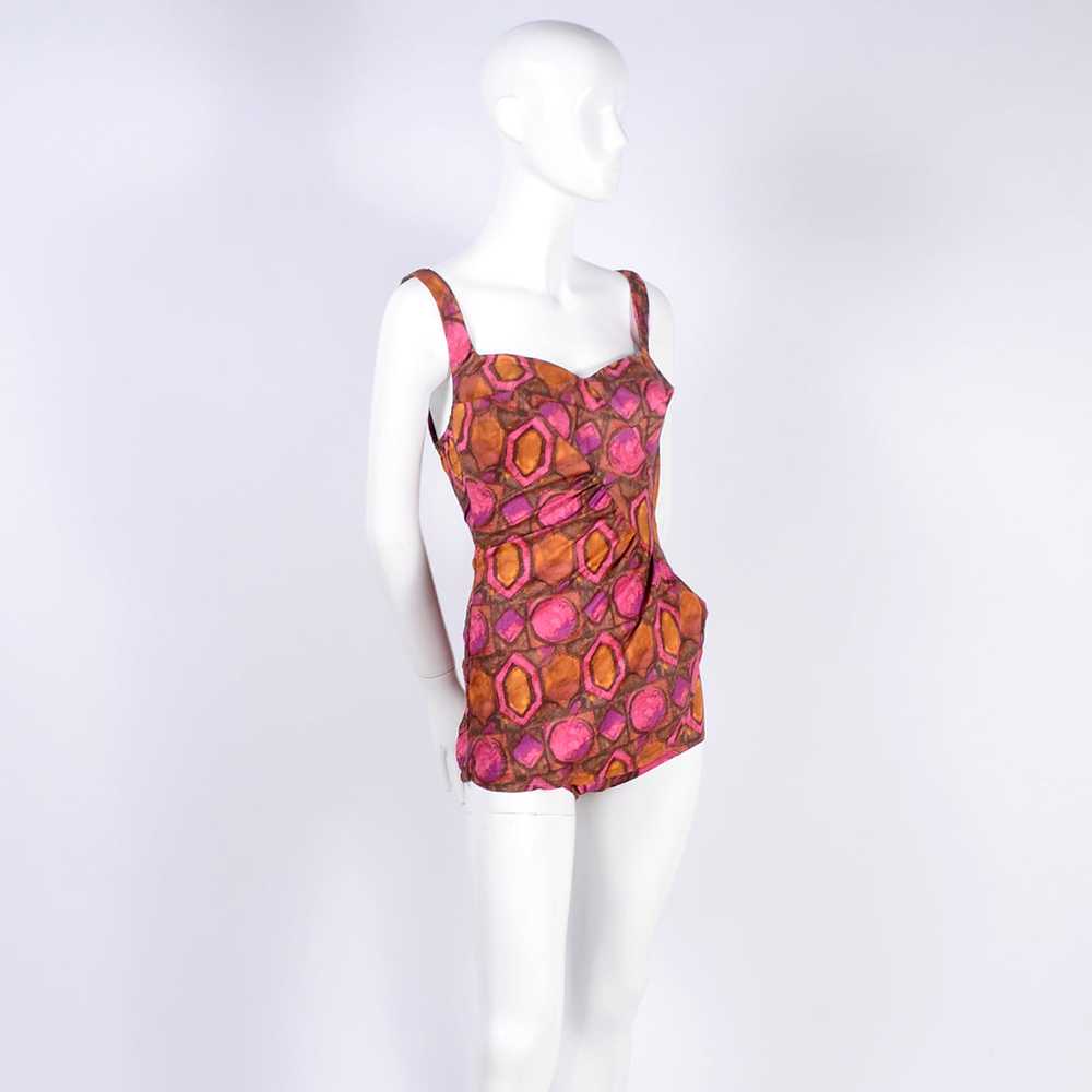 1960s Skylar Pink & Brown Abstract One Piece Swim… - image 5