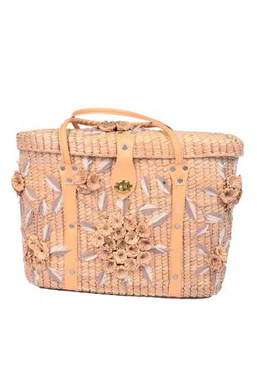 1960s Straw Picnic Basket Handbag w/ Straw Flowers