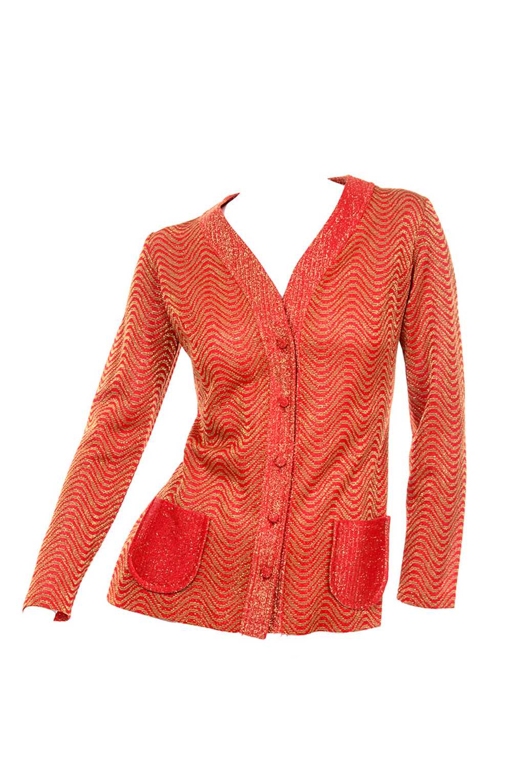 1970's Red & Gold Wavy Stripe Button Down Cardigan Sw… - Gem