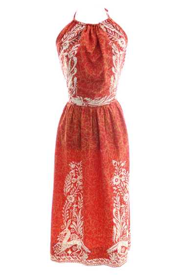 1970's Red Mexican Batik Cotton Halter Dress w/ Op