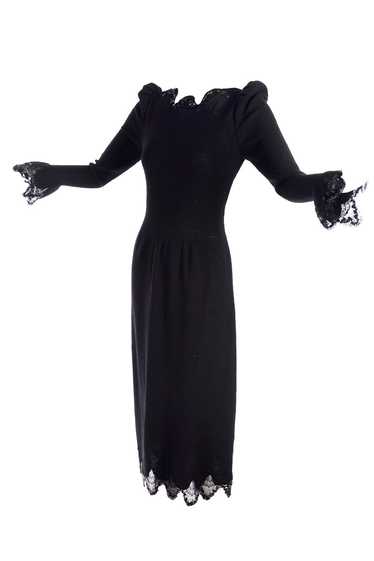 1970s Adolfo Vintage Black Dress With Lace & Sequi