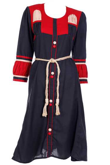 1970s Black Red & Beige Cotton Ethnic Dress