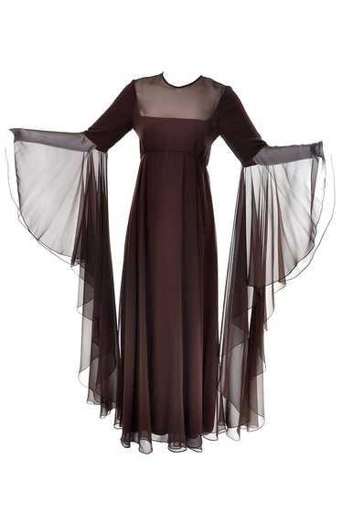 1970s Estevez Brown Chiffon Evening Gown w/ Long S