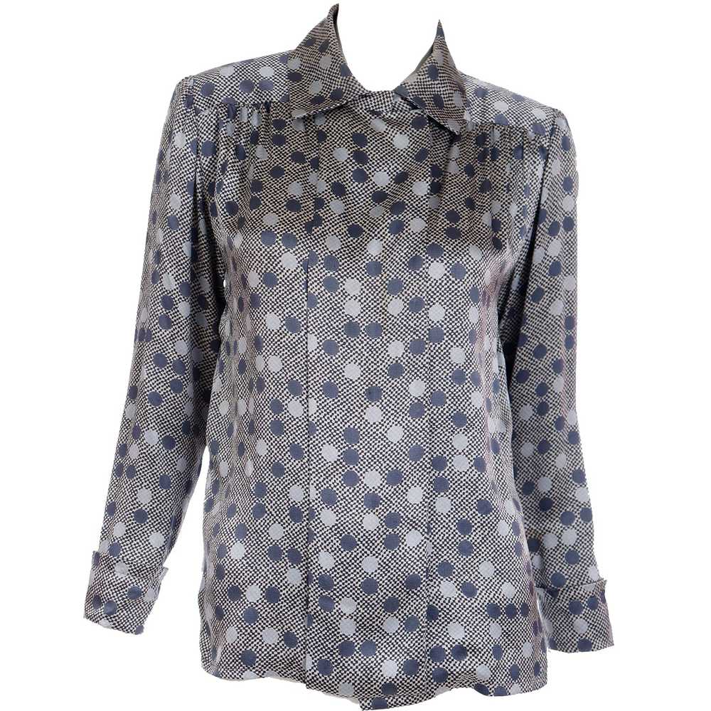 1970s Givenchy Grey Dot Silk Long Sleeve Blouse - image 10