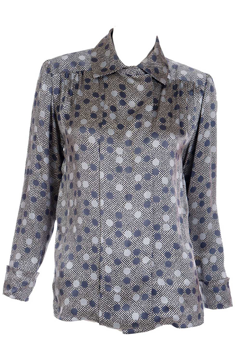 1970s Givenchy Grey Dot Silk Long Sleeve Blouse - image 1