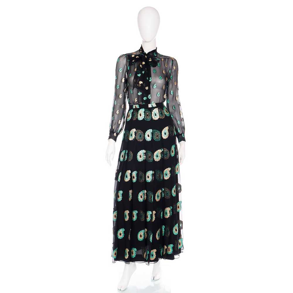 1970s Jean Patou Black Silk Dress w/ Metallic Pai… - image 2
