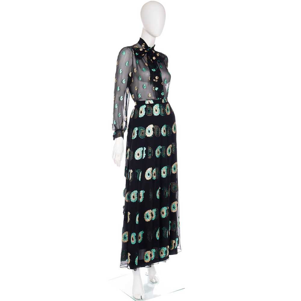 1970s Jean Patou Black Silk Dress w/ Metallic Pai… - image 3