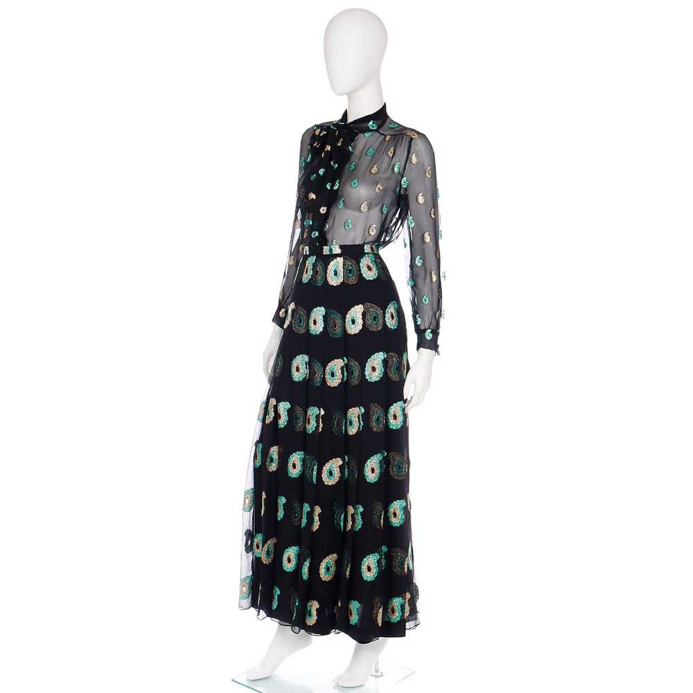 1970s Jean Patou Black Silk Dress w/ Metallic Pai… - image 7