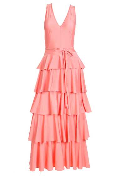 1970s Tiered Ruffled Coral Vintage Maxi Dress With