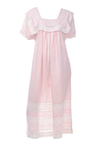 1970s Vintage Pink Linen Summer Dress with Lace & 
