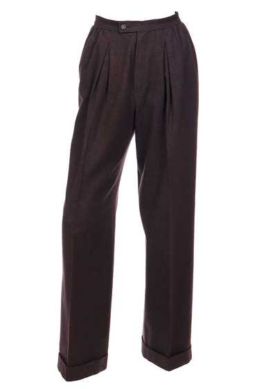 1970s Yves Saint Laurent Brown Wool Trousers w/ C… - image 1