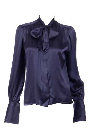 1970s Yves Saint Laurent Deep Blue Silk Bow Blouse