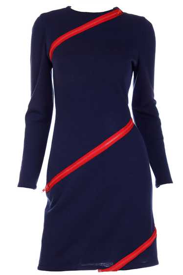 1980s Bill Blass Blue Knit Vintage Dress With Red 
