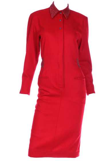 1980s Claude Montana Red Wool Vintage Dress With S
